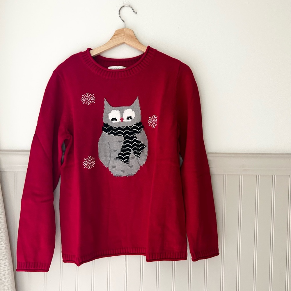Christopher & Banks 100% Cotton Owl Vibrant Red Knit Sweater Size Medium